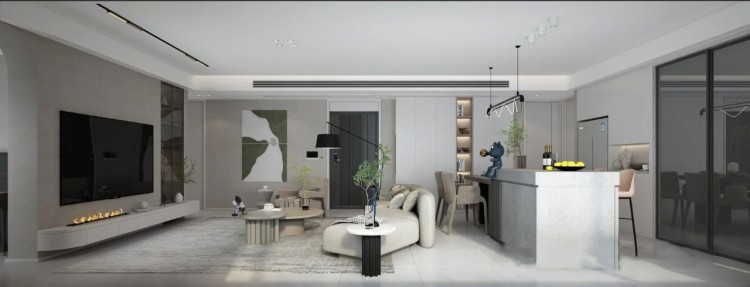 現代簡約侘寂風三居室客廳3裝修效果圖