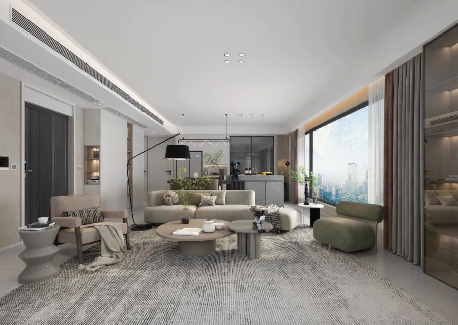 現代簡約侘寂風三居室客廳1裝修效果圖