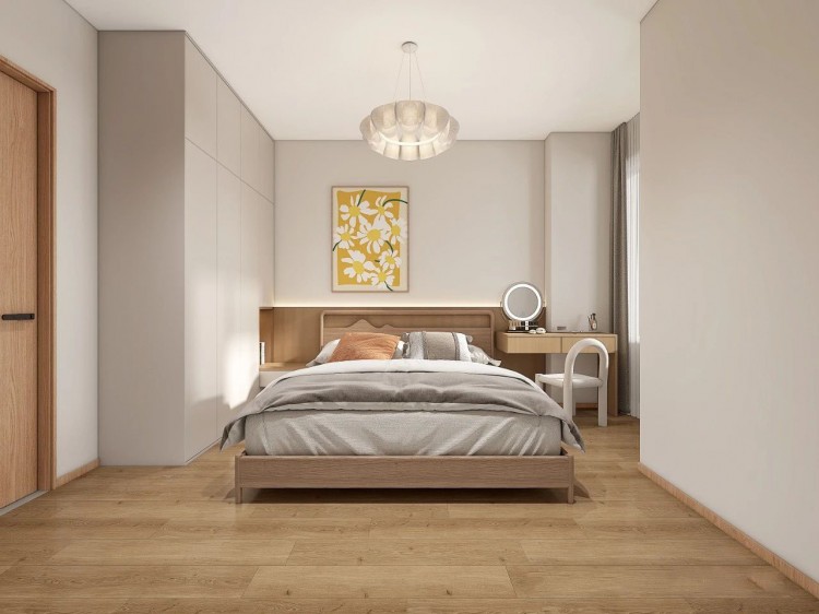現代原木風三居室臥室1裝修效果圖