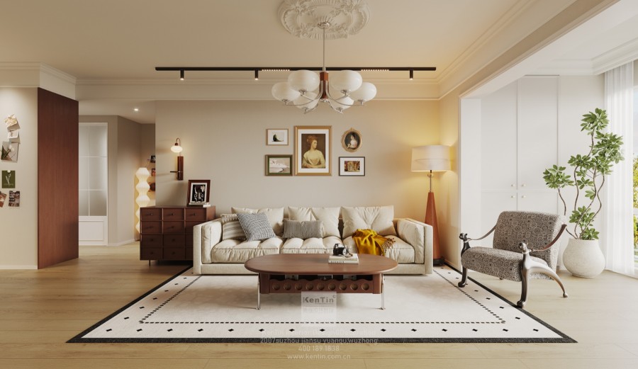 碧提雅苑奶油中古風(fēng)三居室客廳裝修效果圖