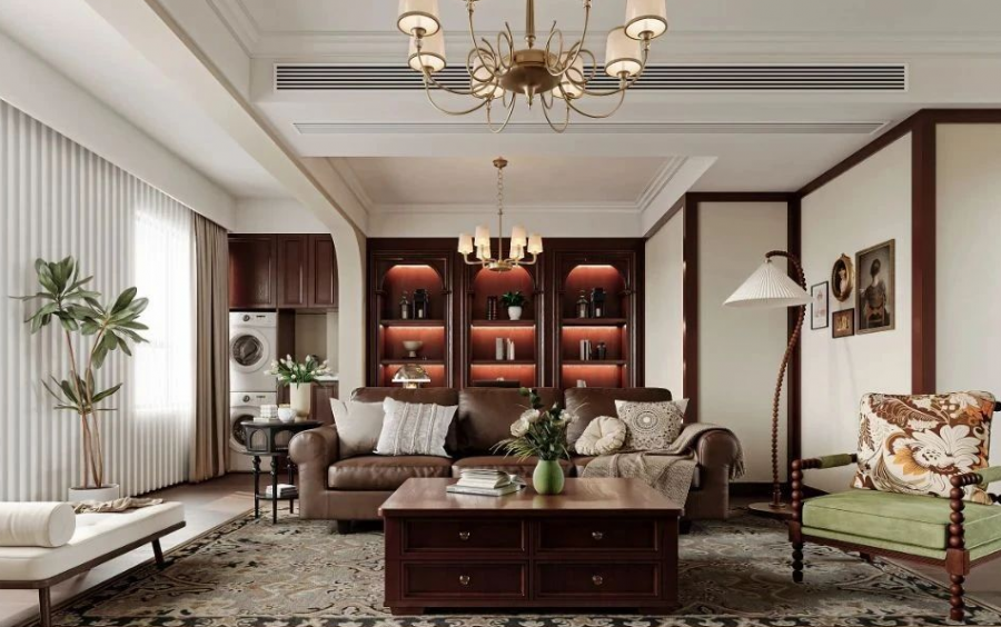 復古美式三居室客廳裝修效果圖