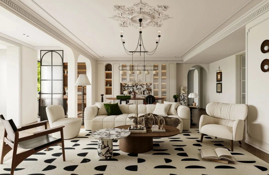 奶油中古風三居室裝修效果圖